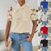 Women Shirt with Tied Bow Neckline Mesh Jacquard Short Sleeves Casual Shirt Solid Color Blouse Daily Wear