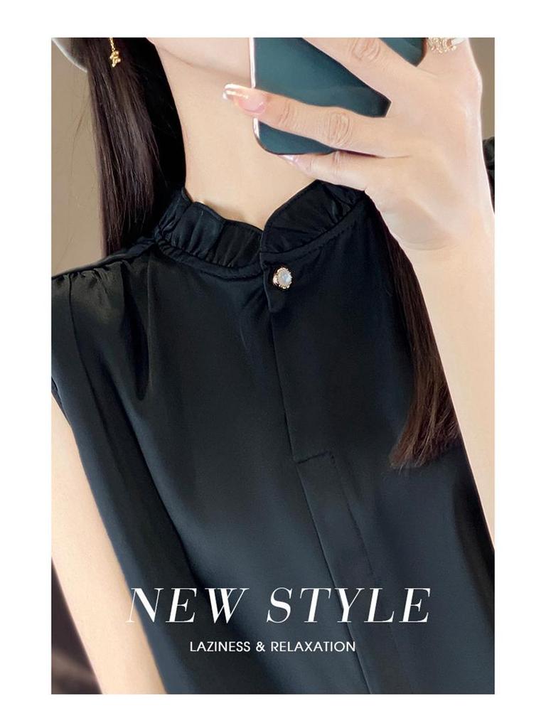 Wood Ear Lace Collar Silky Satin Sleeveless Slimming Vest for Women - Spring/Summer Temperament Shirt