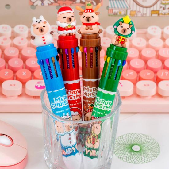Christmas 10-Color Ballpoint Pen Santa Snowman Topper Designs Pen Multi-Color Writing Tool Fun Holiday Gift for Students Friends