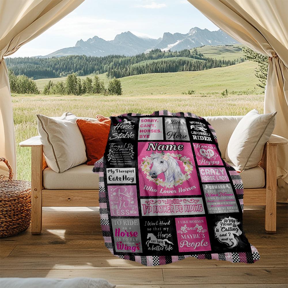 Horse Love Happiness Lifestyle Quotes Collection Personalized Outdoor Blanket Customize Your Name Ultrasoft Suitable For Picnics Outdoor Travel And