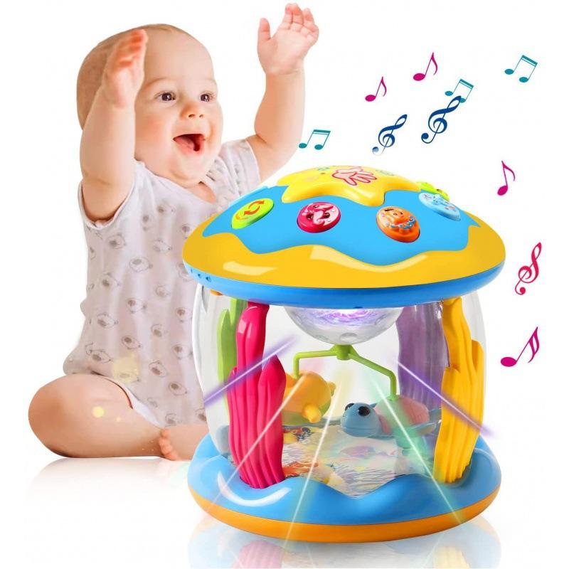 Non-Toxic Random 1Pc Kids Hand Drum Lighting Music Multi-Functional Music Projection Infant Toy Baby Ocean Rotation Soothing Pat Drum Toy