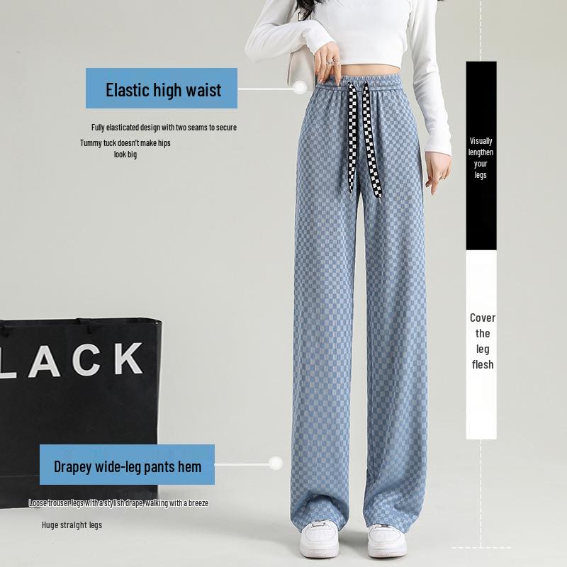 Checkered Ice Silk Wide-Leg Pants for Women, Summer 2025: High-Waist, Floor-Length, Casual Petite Straight-Leg Design