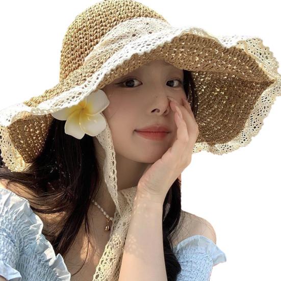 Women Straw Hat Wide Brim Breathable Straw Weaving Hat with Colorful Beads Decor Flexible Edges Sun Hat