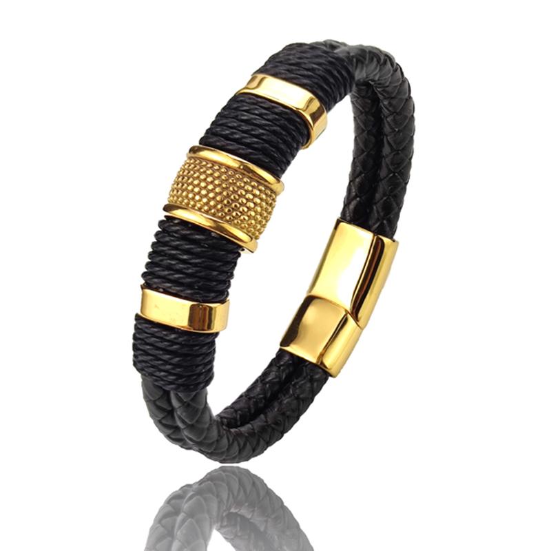 Fashion 2layer Leather Bracelets with Stainless Steel Magnet Trendy Multilayer Bracelet Homme Jewelry Male Bangle Wholesale Bulk