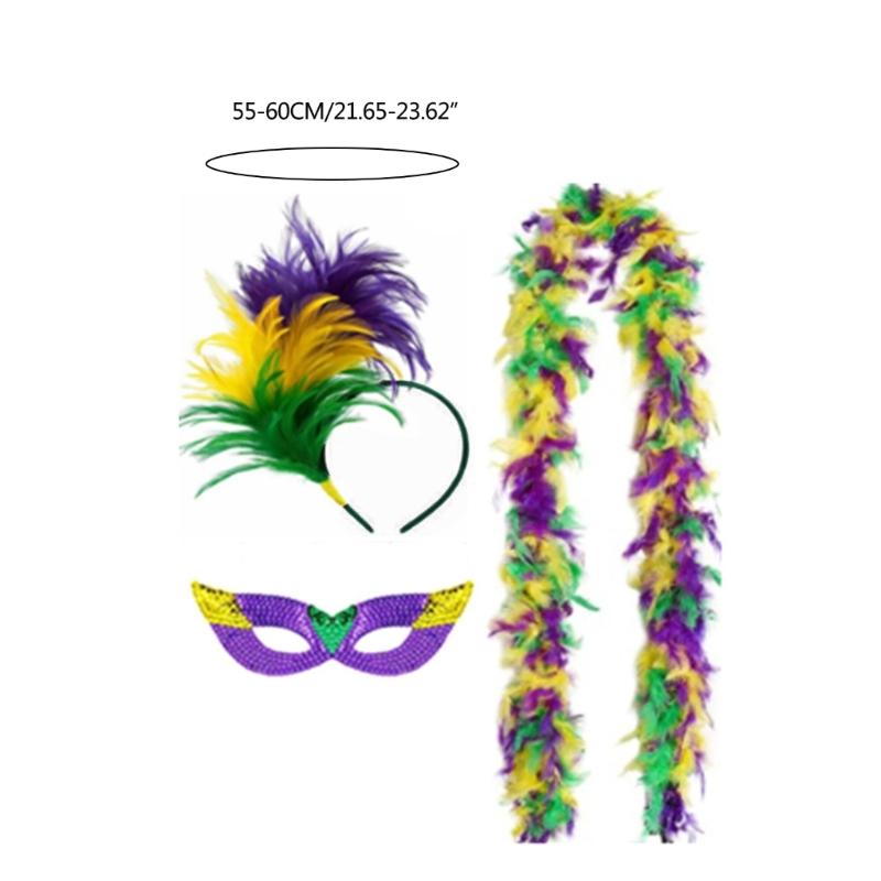 3Pcs Mardi Gras Costume Tricolor Eyemask Neckerchief Feathers Headband for Event and Party Favors Carnival Party Supply