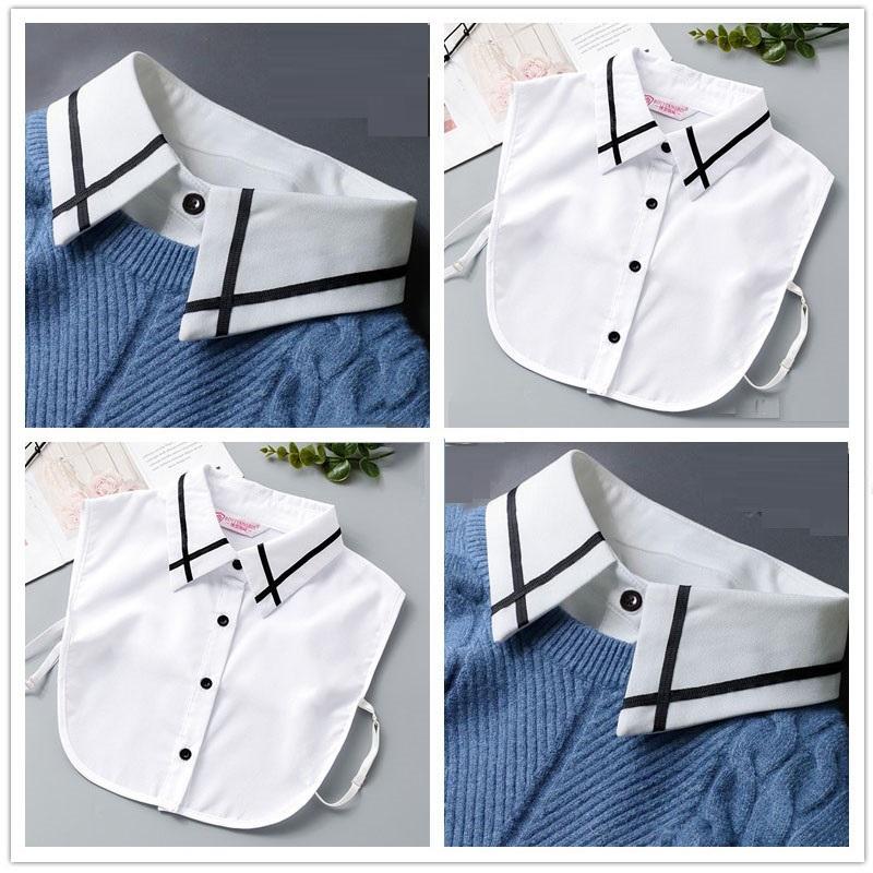 White Women's Stand Fake Collar Blouse Black Detachable Lapel Turtleneck Top Half Shirt Faux Col Tie Detail