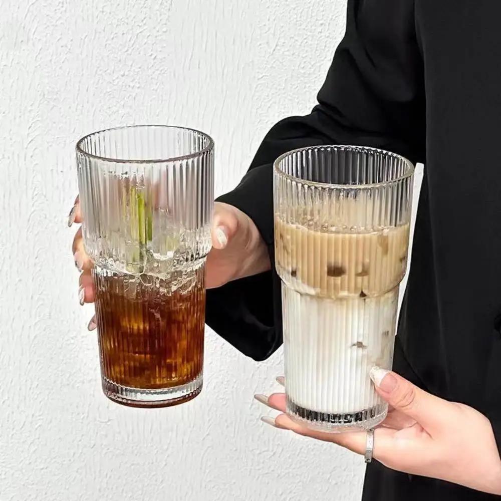 For 600ML Striped Glass Coffee Cup, Glass with Straw and Lid, for Water Coffee Tea, Clear Drinkware