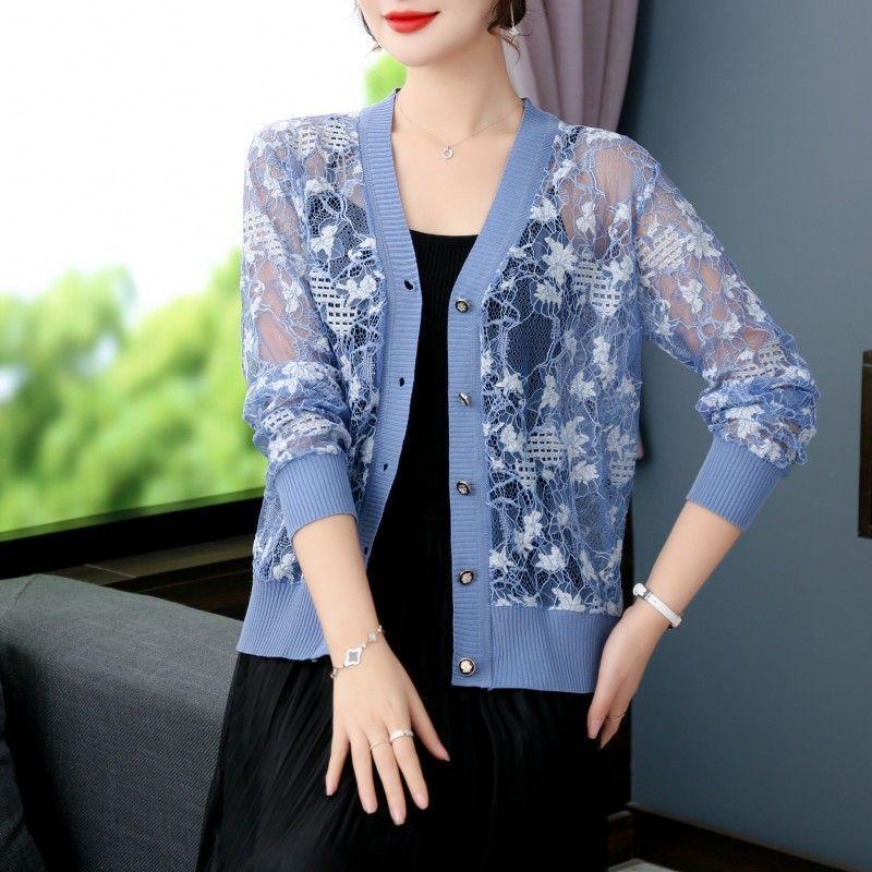 Summer Lace knitted Sunscreen Cardigan Jacket Women Fashion Mid-Aged Short Shawl Conditioning knitwear Shirt Coat Female