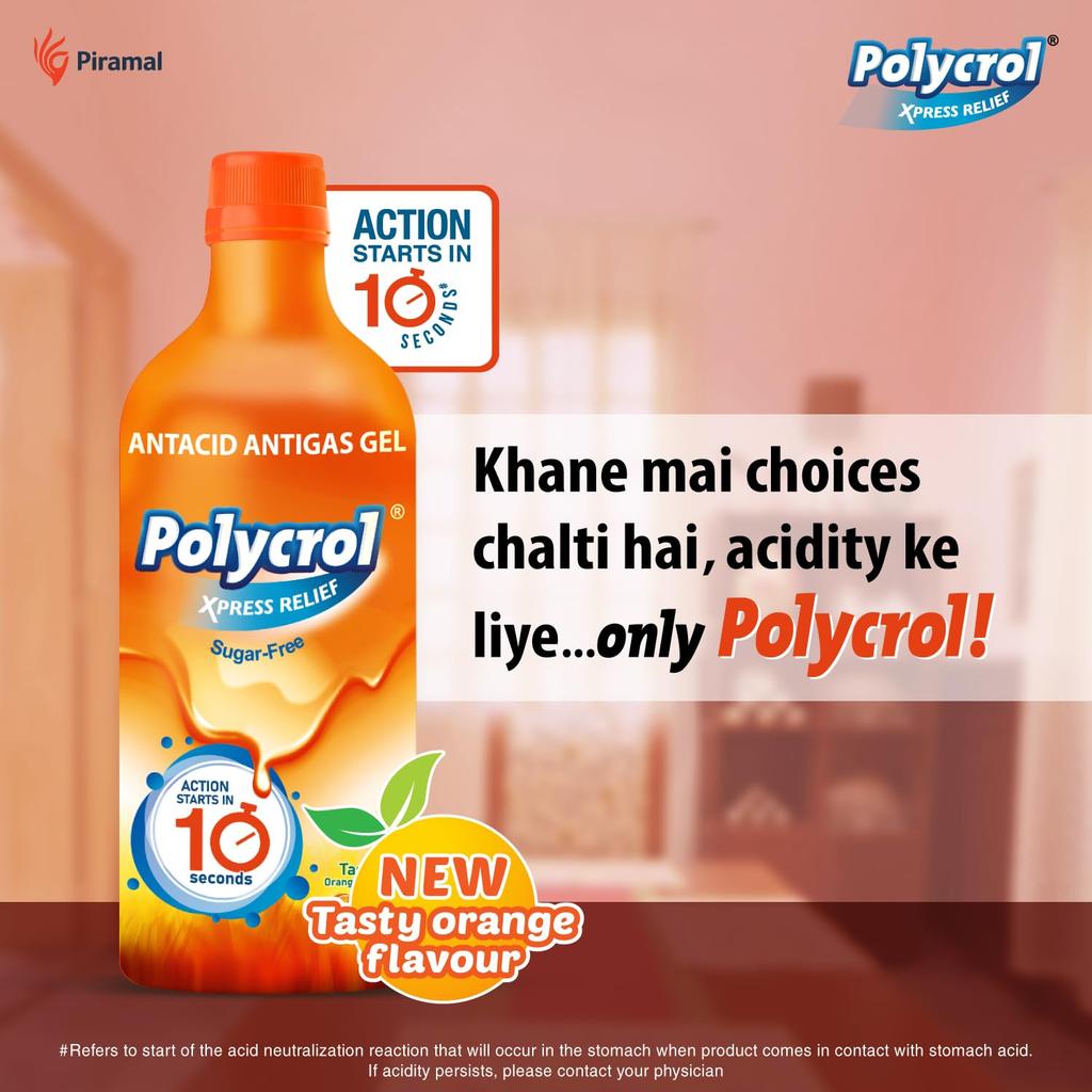 Polycrol Xpress Relief High ANC Antacid Antigas Gel 200ml Quick Cooling Orange Flavour Sugar Free