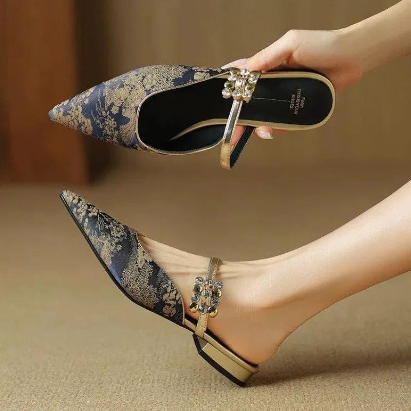 

Woman Loafers Female Slippers Thin Heels Flock Luxury Slides Cover Toe Med New Designer Flat Fabric Fashion Elegant 35 синій