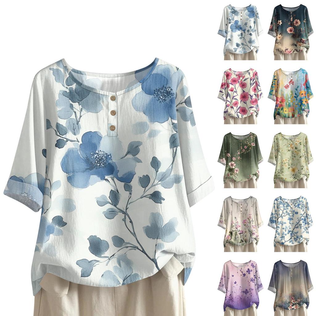 Women's Fashionable And Casual Shirt Half-sleeve Round Neck Print Cotton And Linen Blouse Top