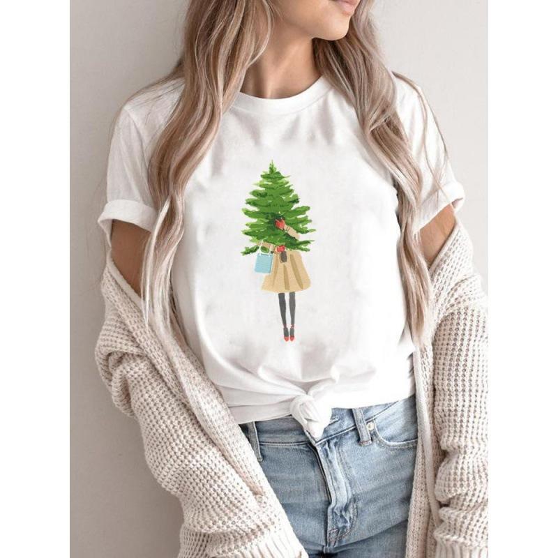 Summer Plus Print Christmas Theme Loose Cotton Short Sleeved T-Shirts Women’s