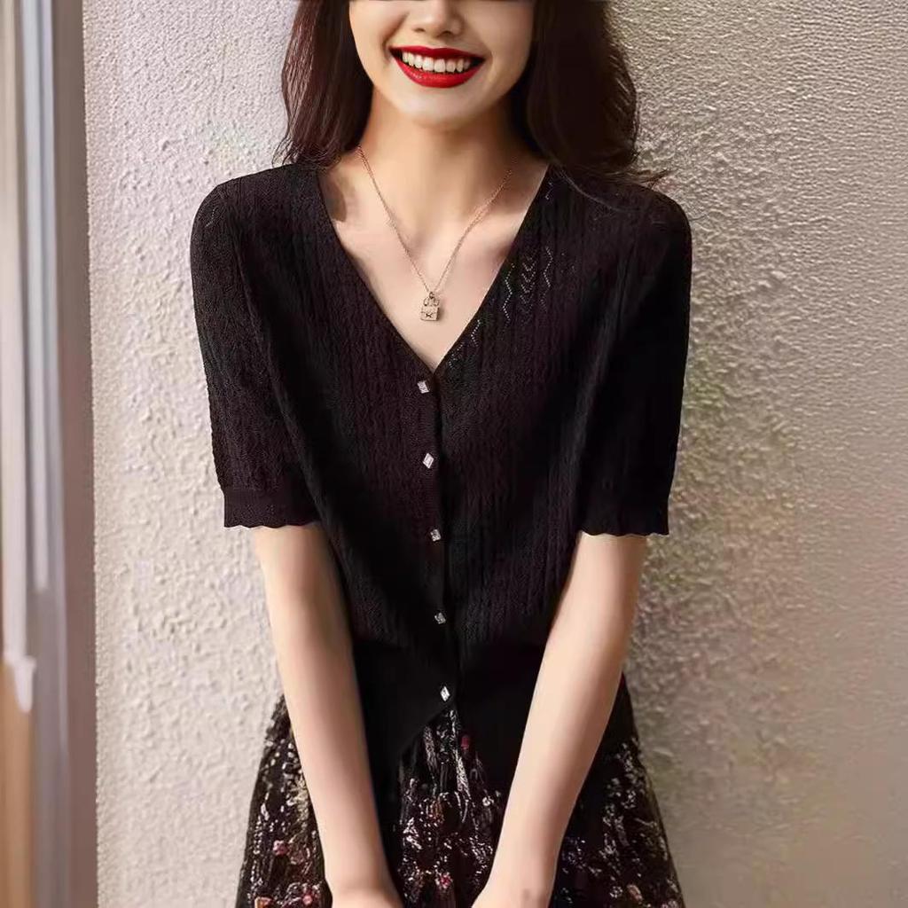 Women's Ice Silk Knit Hollow Out Cardigan & Skirt Set - Summer Short Sleeve Loose Fit