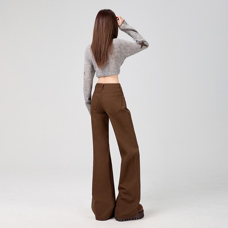 Maillard coffee color does not stick to the legs, slightly pulled jeans, women's American retro low-rise thin flared pants, coffee-colored trousers,