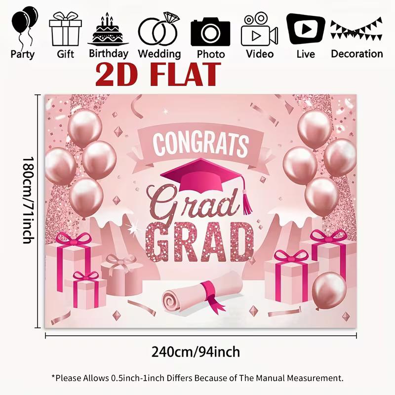 2D Pink Congrats Grad Graduation Party Backdrop 2D Glitter Pink Graduation Photo Booth Background