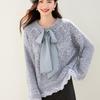La Chapelle Women's Beaded Flower & Bowknot Lace Splice Sweater