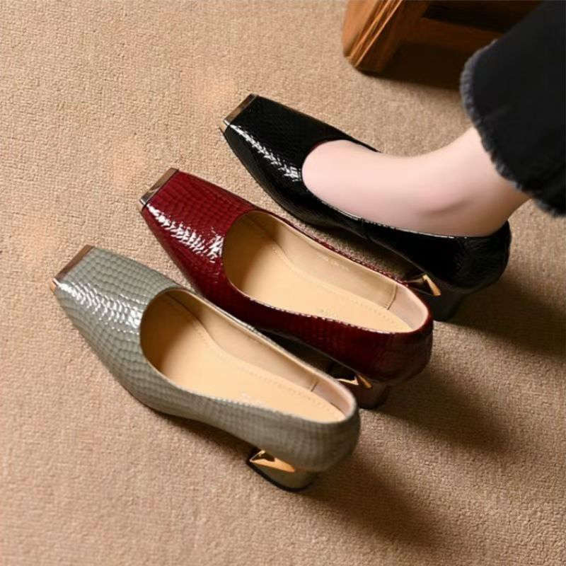 Mid-heeled Shoes Spring and Autumn Fashion Metal Head Versatile Shoes 2025 New Square Head Women's Shallow Mouth Thick Heel Single Shoes Women