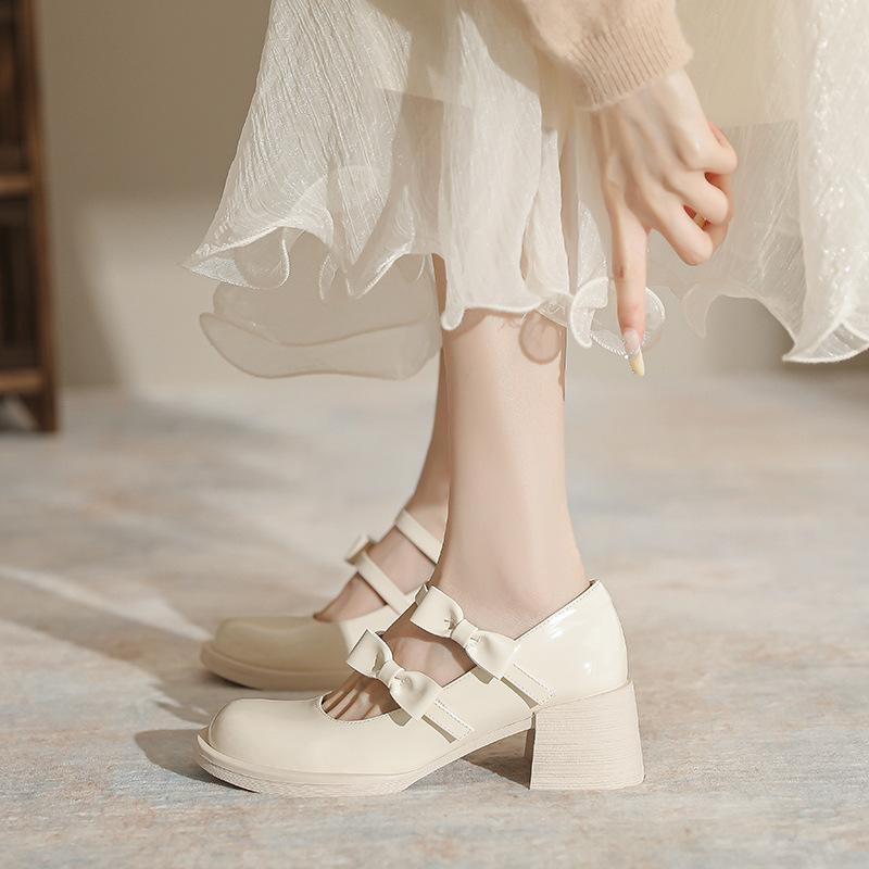 French beautiful high-heeled Mary Jane shoes women's 2025 early spring new round head thick heel bow college style jk single shoes