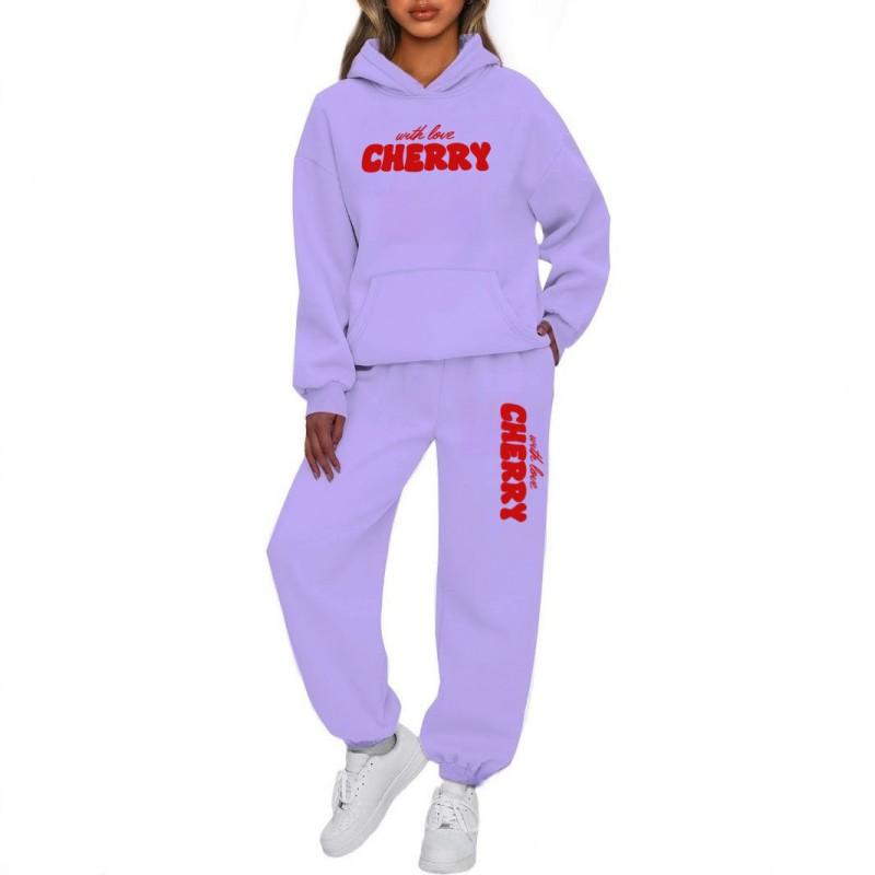 Womens Oversized Drop Shoulder Hooded Sweatshirt Set Cherry Print Loose Streetwear Two-Piece Outfit