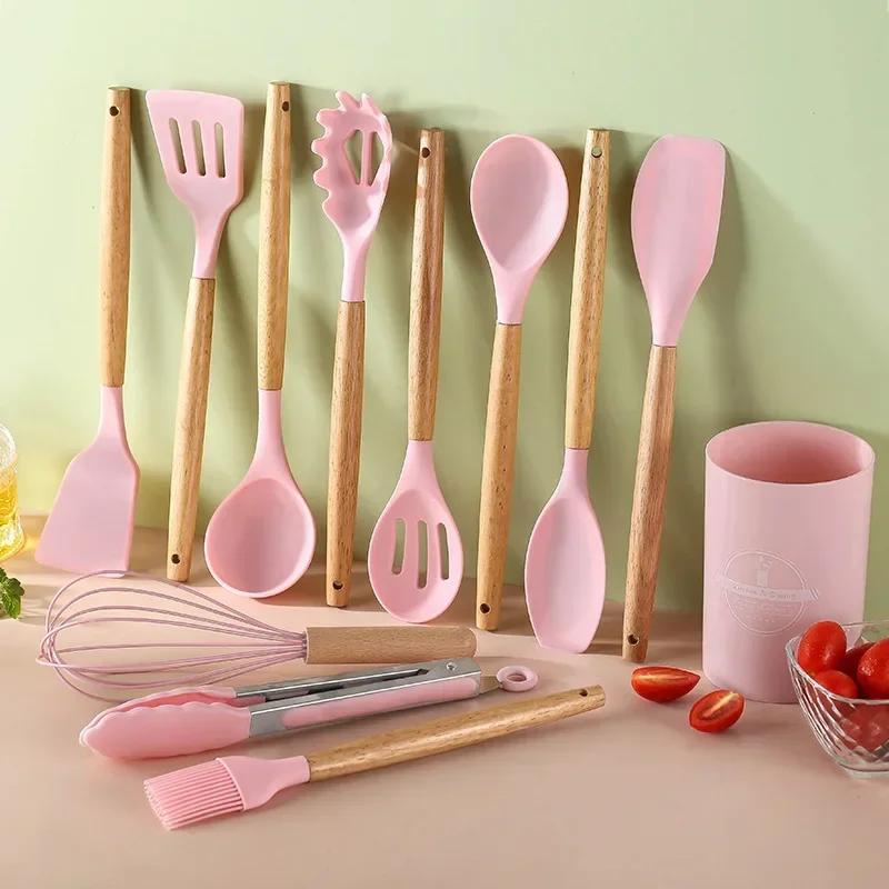 12PCS Silicone Kitchenware Non-Stick Cookware Kitchen Utensils Set Spatula Shovel Egg Beaters Wooden Handle Cooking Tool Set