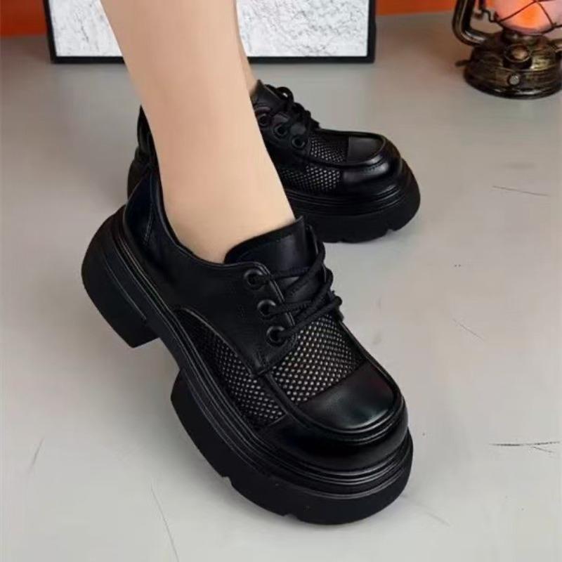 High-top Women s New Style Breathable Versatile Slip-on Leather Shoes with Thick Heels 35 чёрный