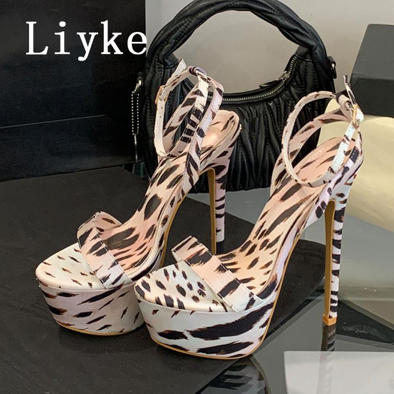 

Летняя мода Леопардовый принт Шелковые босоножки на платформе Женские Толстая подошва Открытый носок Супервысокий каблук Банкетная вечеринка Выпускные туфли 35 белый