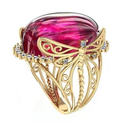 Creativo Color Oro Calado Libélula Con Cristal Rojo Grande Anillo de Dedo Incrustado Micro Pavé Pequeña Pedrería Para Mujer Joyería