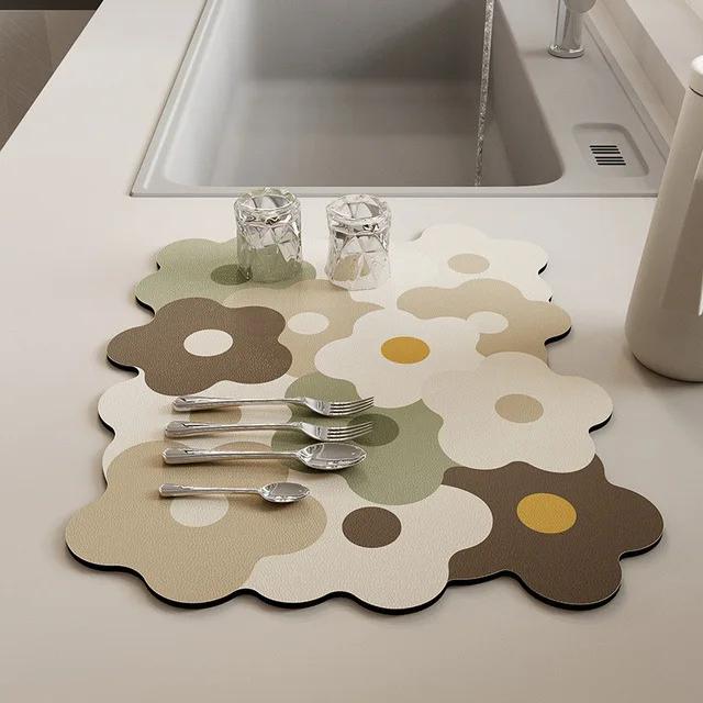 Quick Dry Durable Material Dish Drying Mat Flower Rubber Tableware Draining Pads Rug Kitchen Area Dinnerware Placemat Super Quick-Absorbing Coffee