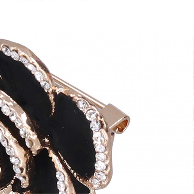 Brooch Pin Camellia Shape Elegant Exquisite Rhinestone Embellished Brooch for Women Clothes Silk Scarf Decoration GiftBlack 