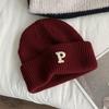 White plum color embroidery P letter knitted wool hat autumn and winter warm cold hat with ins fashion single item multi-color