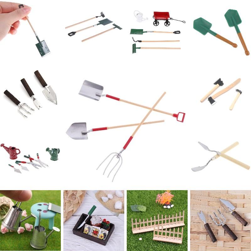 1/12 Dollhouse Miniature Simulation Hoe Farm Axe Spade Shovel Hoe Rake Watering Pot Hammer Farm Gardening Tools Accessories Set