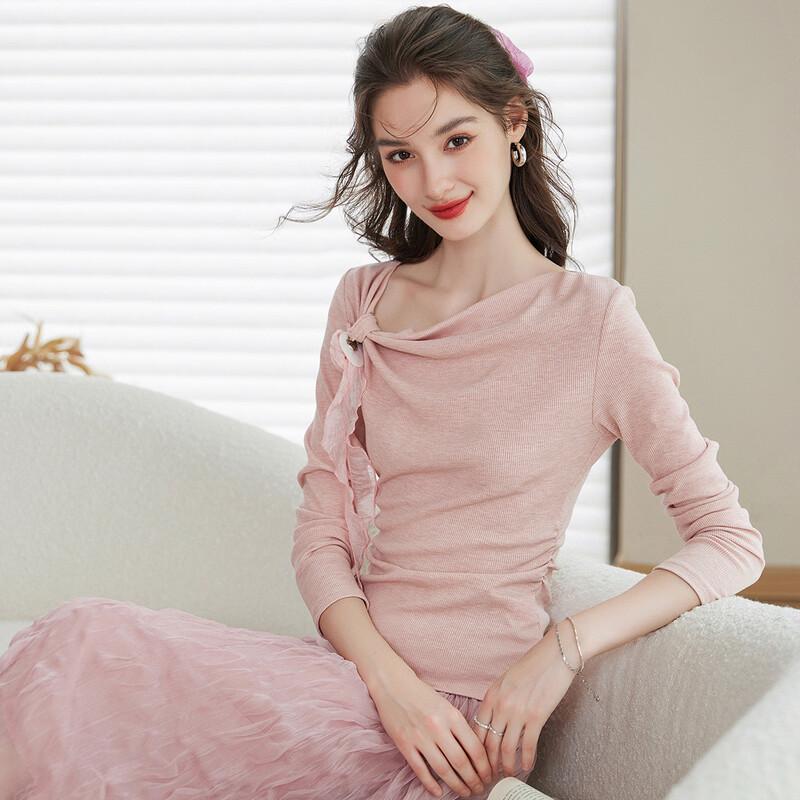 Bailuyu Women's Irregular Neck Long Sleeve T-Shirt with Detachable Flower