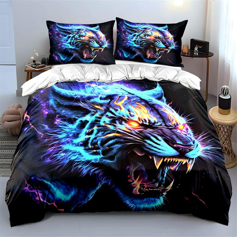 Glowing, Fiery Roaring Tiger. Print Bedding Set 1 Duvet Cover 2 Pillowcases for Adult and Children Luxury Gift Full Size