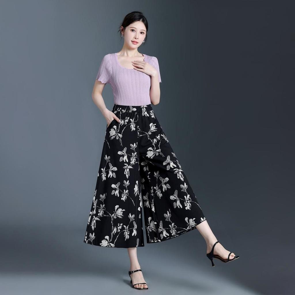 Printed Loose Casual High Waist Thin Fashion Wide Leg Pants Nine Points Skirt Pants Summer Drapey Wide Leg Trousers