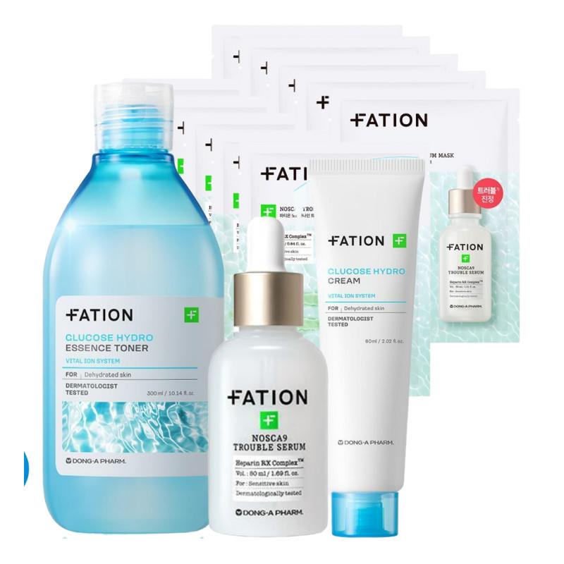 FATION Hydration & Trouble Calming 4-Step Set (Mask 10 Sheets + Essence Toner 500ml + Nosca9 Trouble Serum 30ml + Hydro Cream 90ml)