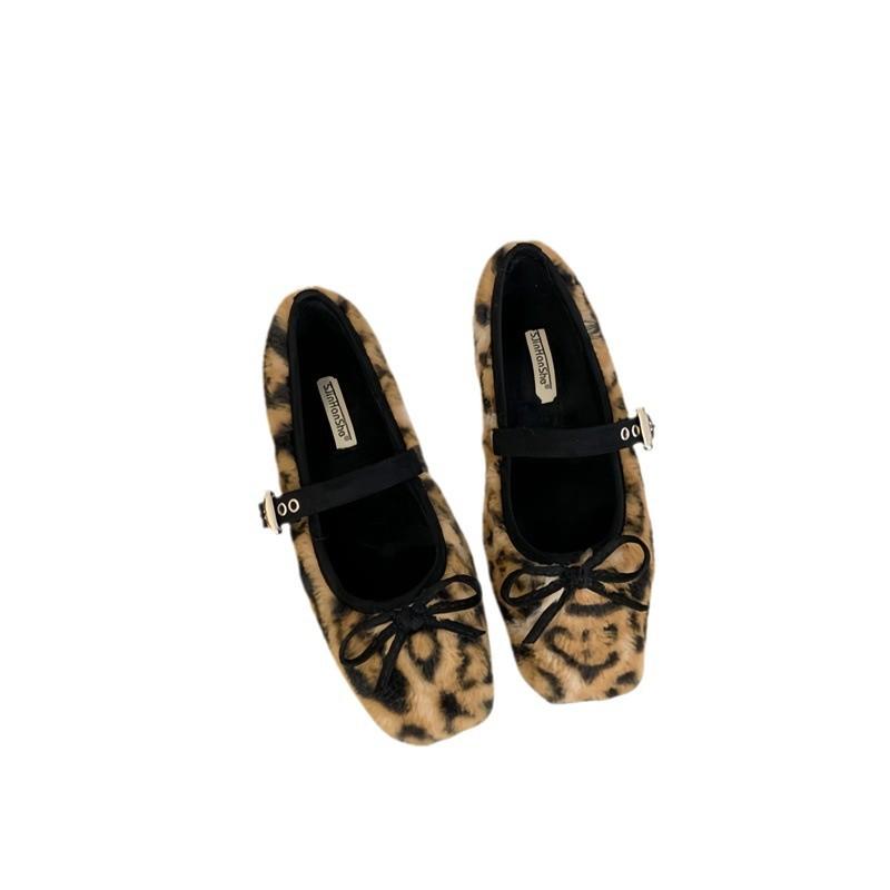 2025 Autumn and Winter New Square Head Bow Mao Mao Shoes Comfortable Warm Velvet Versatile Single Shoes