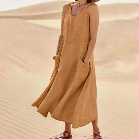 Wish2025 Summer Women's Sleeveless Cotton Linen Dress - European & American Style with Pockets