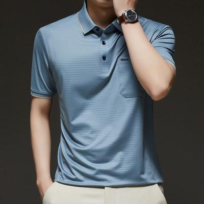 Men's Striped Polo Shirt Short Sleeve Casual Breathable Business Golf Polo Top with Chest Pocket