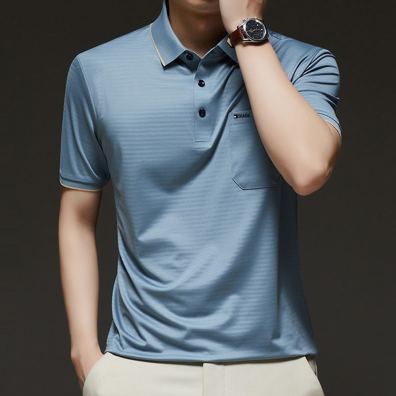 Men's Striped Polo Shirt Short Sleeve Casual Breathable Business Golf Polo Top with Chest Pocket