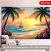 2D Hawaiian Sunset Beach Backdrop, 2D Flat Sailboat & Hibiscus Background for Summer Birthday Party Decoration