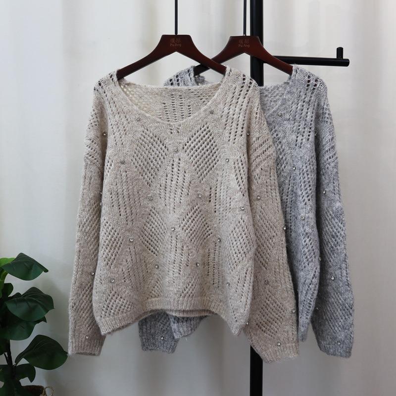 Heavy Industry Nail Drill Design Sense Knitted Sweater Top Autumn New Loose Hollow Sweater Pullover Women