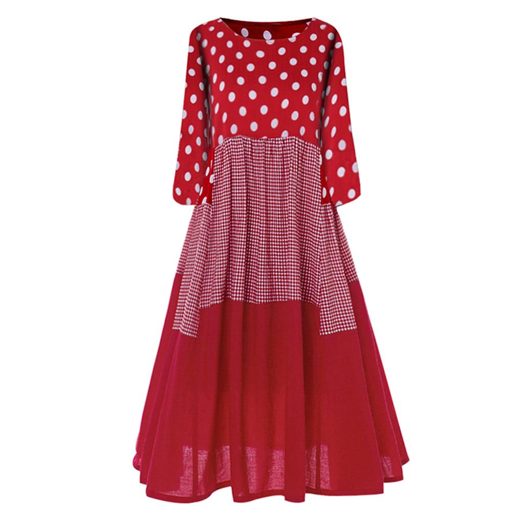 Women Vintage  Wave Point Print Dress Long Sleeves  Maxi Dress