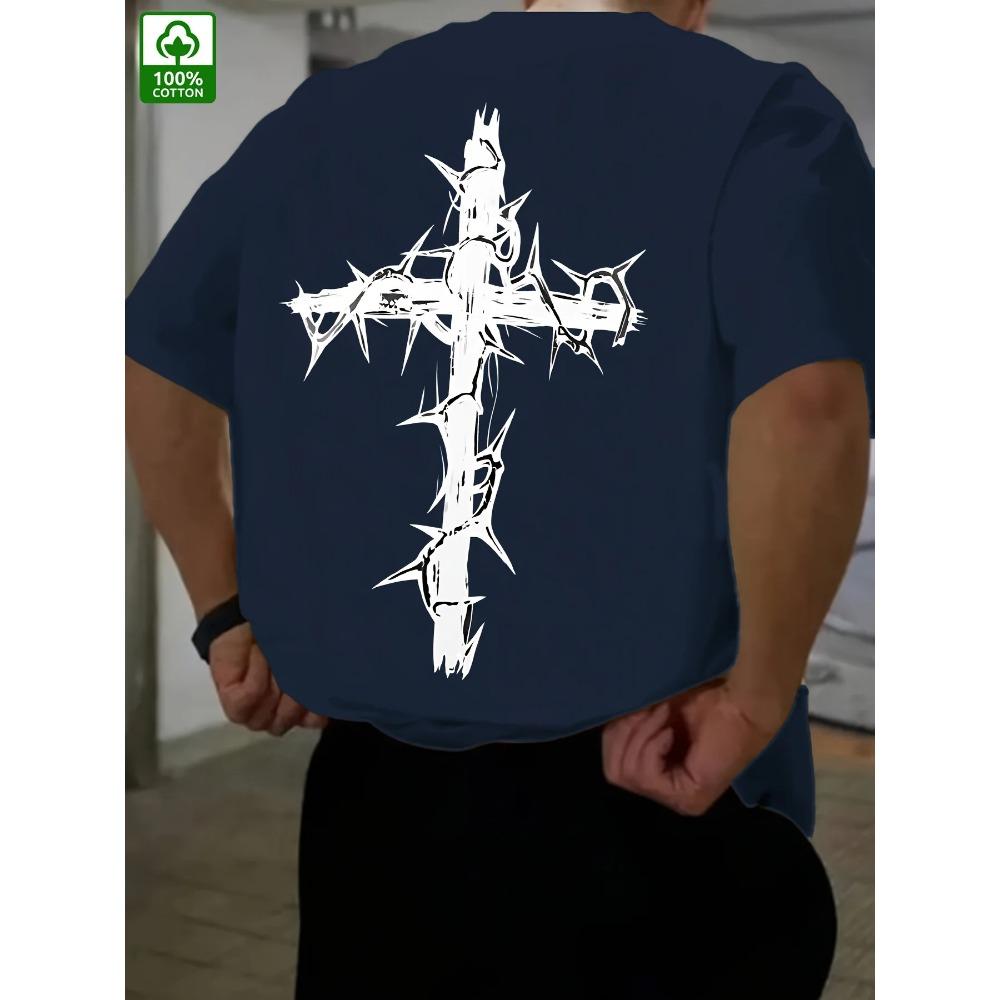 Tricou de vară pentru bărbați, 100% bumbac, confortabil, casual, larg, mărime plus, creativ, cu model încrucișat imprimat, gât rotund, mânecă scurtă