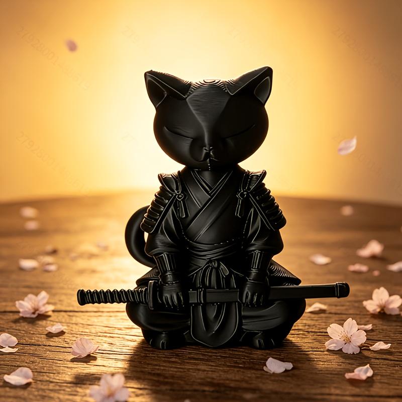 Dark Samurai Cat Statue, Zen Sword Ornament, Plastic Desktop Collectible Model, Home & Office Decor, Themed Gift for Christmas,
