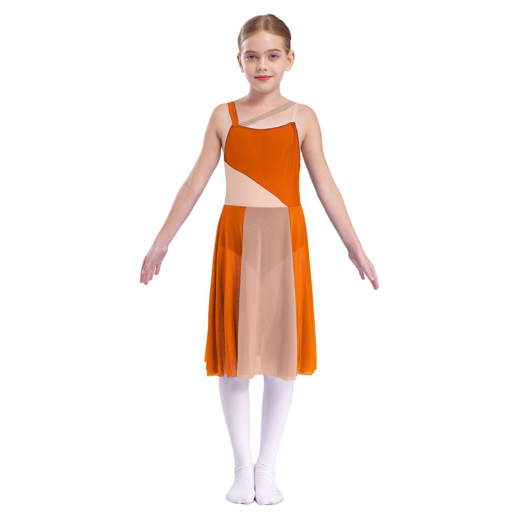 Girls Sleeveless Mesh Straps Color Contrast Leotard Dress for Lyrical Contemporary Dance Performance