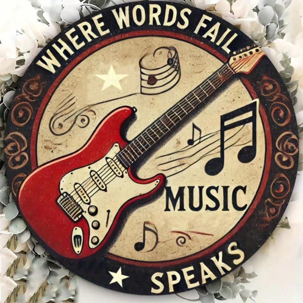 Vintage Style Music Speaks Aluminum Sign Red Electric Guitar Metal Wall Art