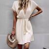 Solid Color Short Sleeved Lace V-neck Waist Cinched Dress