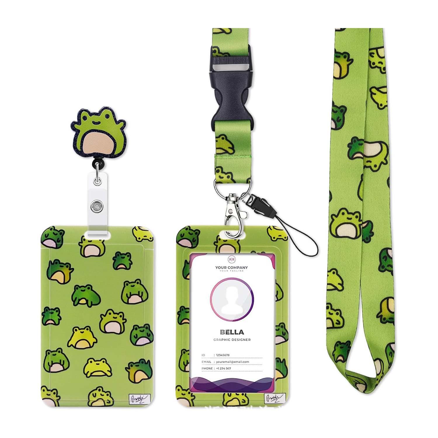 

Frog Retractable Badge Holder Case ID Card Holder with Lanyard Access Work School Employee Card Reel Clip for Key Card зелёный