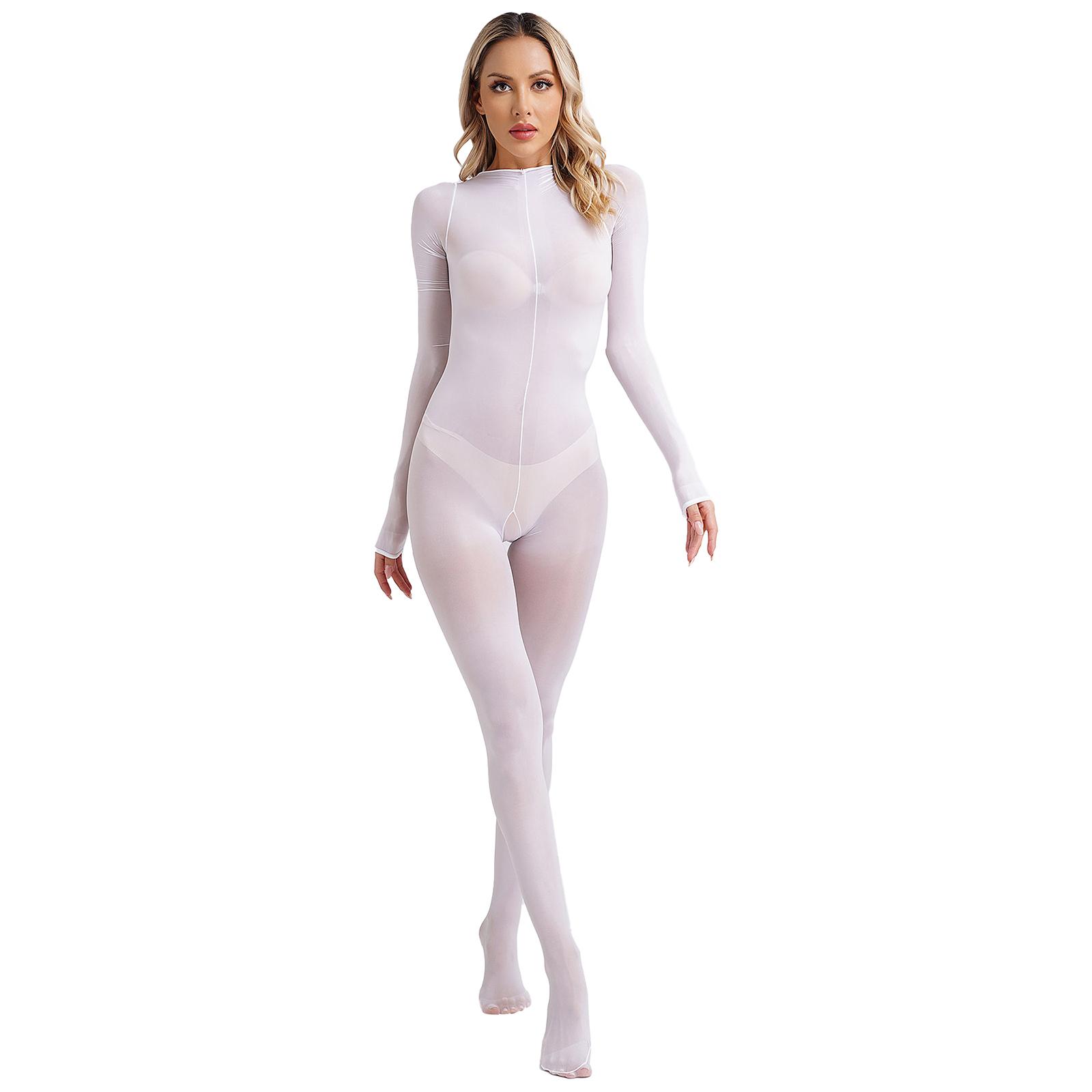 

Жіночий глянсовий прозорий боді з довгим рукавом і повним покриттям, спокусливий нічний одяг білий