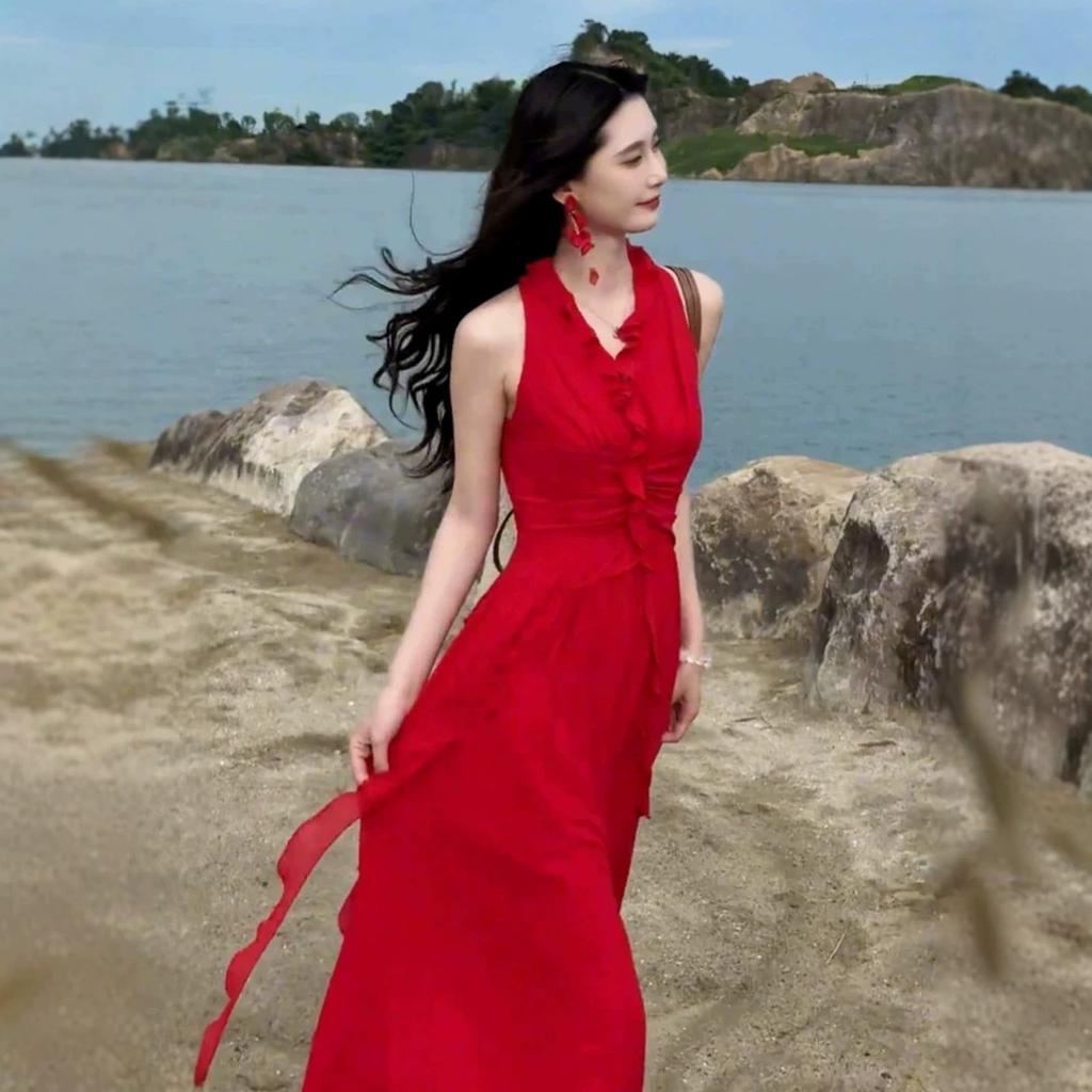 French super fairy vacation style flower streamer sleeveless dress women's summer new women's clothing big swing long skirt